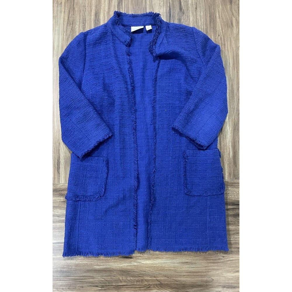 Chicos Royal Blue‎ Textured Tweed Pockets Open Cardigan Mid Jacket Size 1 Medium